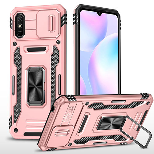 Silicone Matte Finish and Plastic Back Cover Case with Magnetic Finger Ring Stand MQ4 for Xiaomi Redmi 9AT Rose Gold