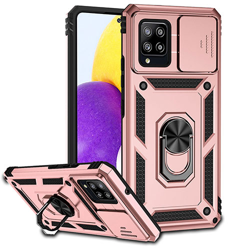 Silicone Matte Finish and Plastic Back Cover Case with Magnetic Finger Ring Stand MQ6 for Samsung Galaxy A42 5G Rose Gold