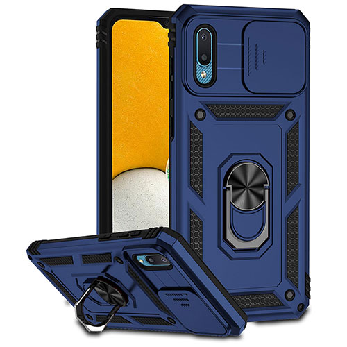 Silicone Matte Finish and Plastic Back Cover Case with Magnetic Finger Ring Stand MQ6 for Samsung Galaxy M02 Blue