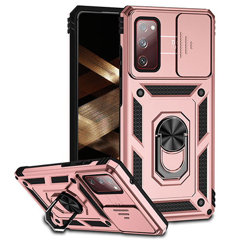 Silicone Matte Finish and Plastic Back Cover Case with Magnetic Finger Ring Stand MQ6 for Samsung Galaxy S20 FE 5G Rose Gold