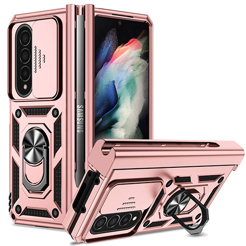 Silicone Matte Finish and Plastic Back Cover Case with Magnetic Finger Ring Stand MQ6 for Samsung Galaxy Z Fold4 5G Rose Gold