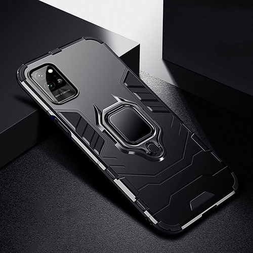 Silicone Matte Finish and Plastic Back Cover Case with Magnetic Finger Ring Stand N01 for Huawei Honor Play4 Pro 5G Black