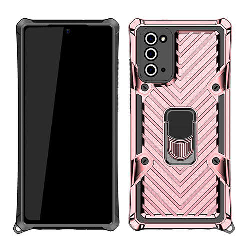 Silicone Matte Finish and Plastic Back Cover Case with Magnetic Finger Ring Stand N03 for Samsung Galaxy Note 20 5G Rose Gold