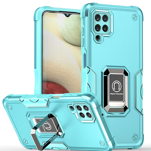 Silicone Matte Finish and Plastic Back Cover Case with Magnetic Finger Ring Stand QW1 for Samsung Galaxy A12 Nacho Mint Blue