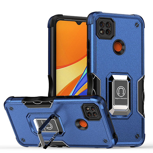 Silicone Matte Finish and Plastic Back Cover Case with Magnetic Finger Ring Stand QW1 for Xiaomi Redmi 9 India Blue