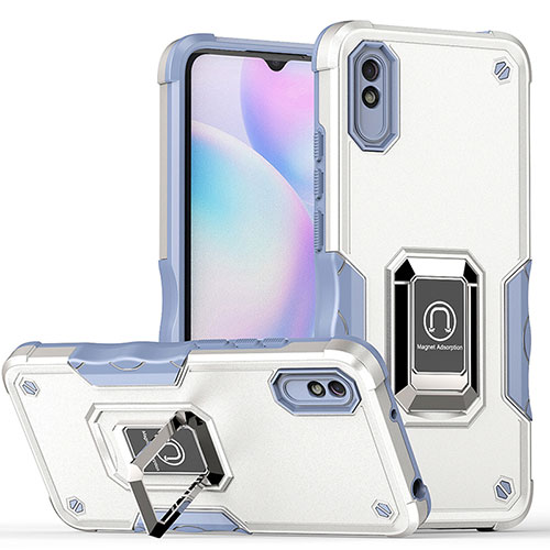 Silicone Matte Finish and Plastic Back Cover Case with Magnetic Finger Ring Stand QW1 for Xiaomi Redmi 9A White