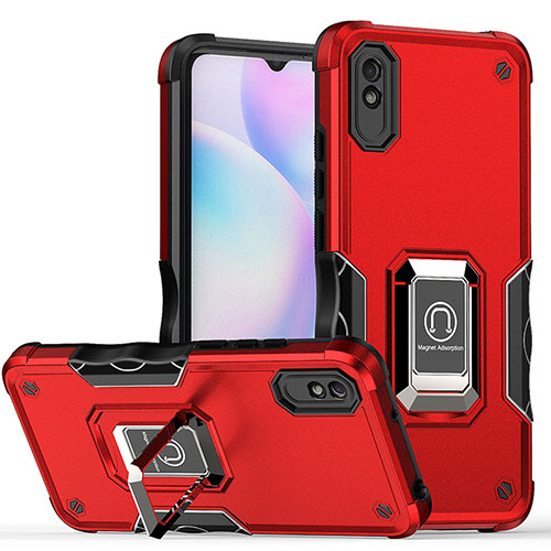 Silicone Matte Finish and Plastic Back Cover Case with Magnetic Finger Ring Stand QW1 for Xiaomi Redmi 9AT Red