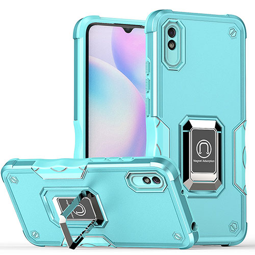 Silicone Matte Finish and Plastic Back Cover Case with Magnetic Finger Ring Stand QW1 for Xiaomi Redmi 9i Sky Blue