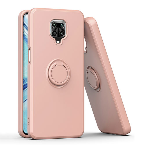 Silicone Matte Finish and Plastic Back Cover Case with Magnetic Finger Ring Stand QW1 for Xiaomi Redmi Note 9 Pro Rose Gold