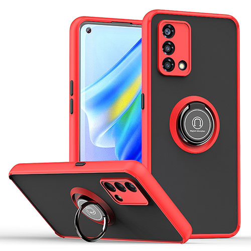 Silicone Matte Finish and Plastic Back Cover Case with Magnetic Finger Ring Stand QW2 for Oppo Reno7 4G Red