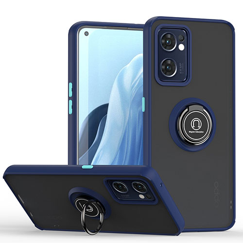 Silicone Matte Finish and Plastic Back Cover Case with Magnetic Finger Ring Stand QW2 for Oppo Reno7 5G Blue