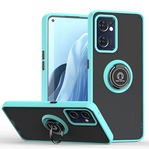 Silicone Matte Finish and Plastic Back Cover Case with Magnetic Finger Ring Stand QW2 for Oppo Reno7 5G Cyan