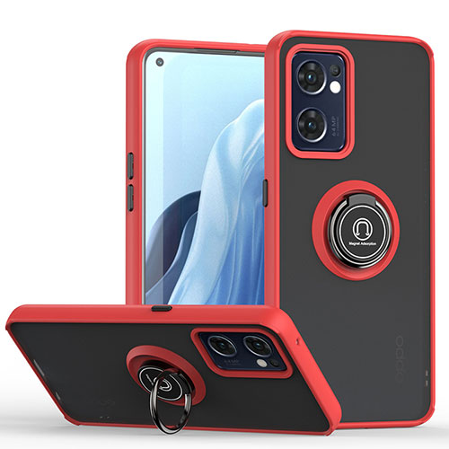 Silicone Matte Finish and Plastic Back Cover Case with Magnetic Finger Ring Stand QW2 for Oppo Reno7 5G Red