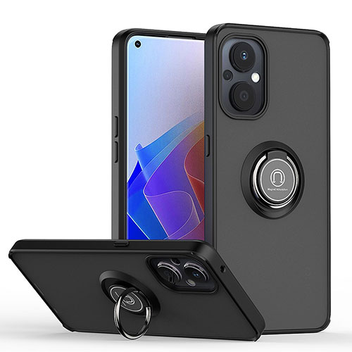 Silicone Matte Finish and Plastic Back Cover Case with Magnetic Finger Ring Stand QW2 for Oppo Reno7 Lite 5G Black