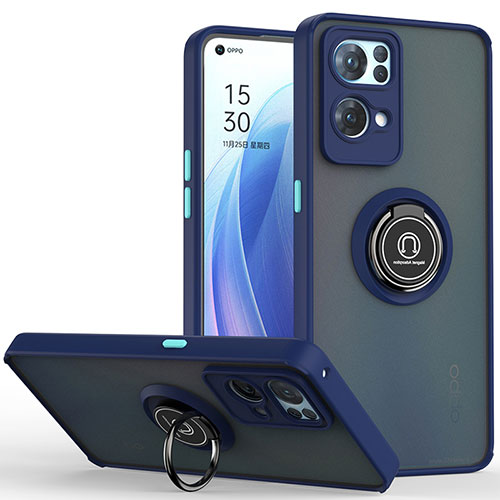 Silicone Matte Finish and Plastic Back Cover Case with Magnetic Finger Ring Stand QW2 for Oppo Reno7 Pro 5G Blue