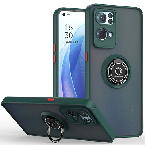 Silicone Matte Finish and Plastic Back Cover Case with Magnetic Finger Ring Stand QW2 for Oppo Reno7 Pro 5G Midnight Green