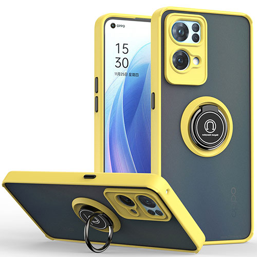 Silicone Matte Finish and Plastic Back Cover Case with Magnetic Finger Ring Stand QW2 for Oppo Reno7 Pro 5G Yellow