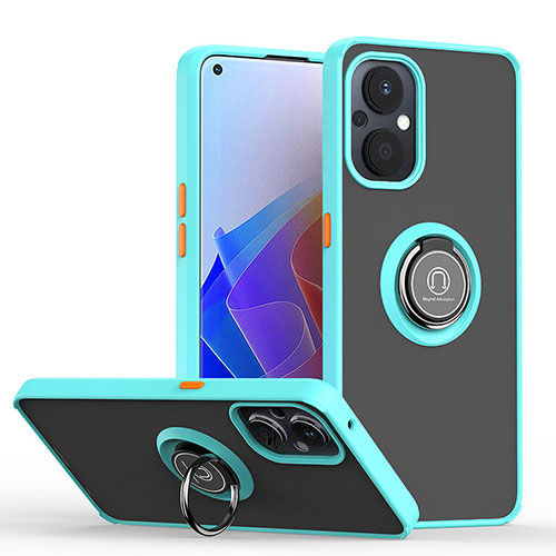 Silicone Matte Finish and Plastic Back Cover Case with Magnetic Finger Ring Stand QW2 for Oppo Reno7 Z 5G Cyan