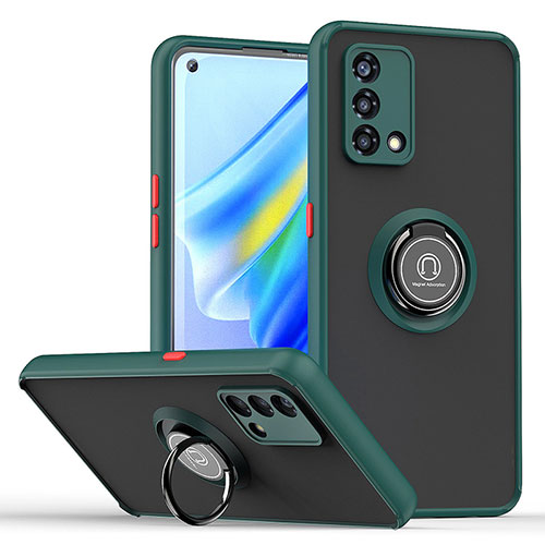 Silicone Matte Finish and Plastic Back Cover Case with Magnetic Finger Ring Stand QW2 for Oppo Reno8 4G Midnight Green