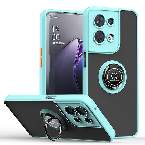 Silicone Matte Finish and Plastic Back Cover Case with Magnetic Finger Ring Stand QW2 for Oppo Reno8 5G Cyan