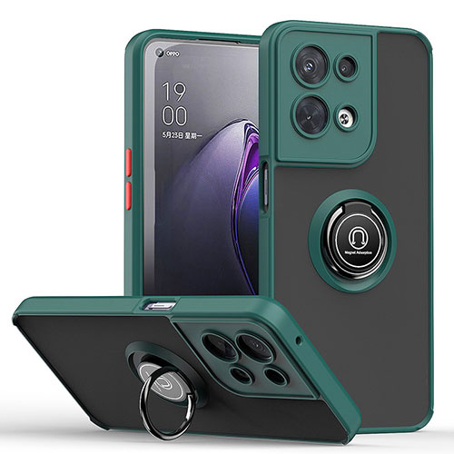 Silicone Matte Finish and Plastic Back Cover Case with Magnetic Finger Ring Stand QW2 for Oppo Reno8 5G Midnight Green