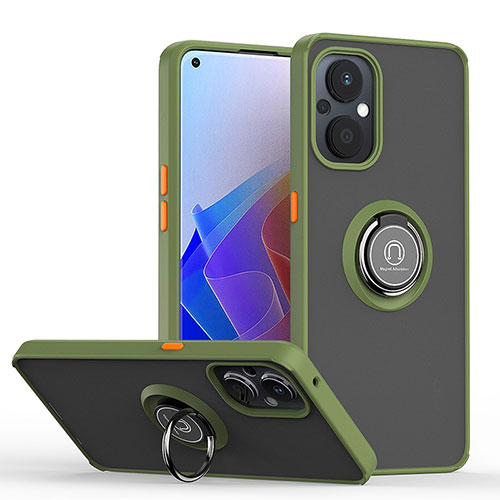 Silicone Matte Finish and Plastic Back Cover Case with Magnetic Finger Ring Stand QW2 for Oppo Reno8 Lite 5G Army green