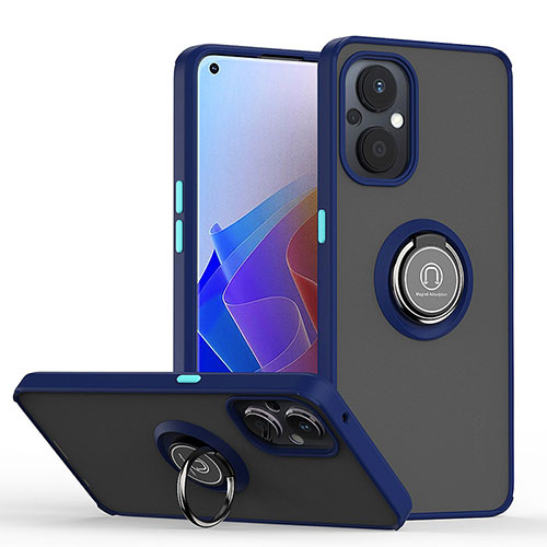 Silicone Matte Finish and Plastic Back Cover Case with Magnetic Finger Ring Stand QW2 for Oppo Reno8 Lite 5G Blue