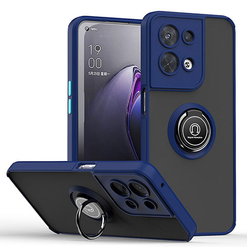 Silicone Matte Finish and Plastic Back Cover Case with Magnetic Finger Ring Stand QW2 for Oppo Reno8 Pro 5G Blue