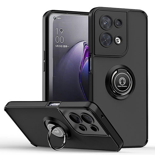 Silicone Matte Finish and Plastic Back Cover Case with Magnetic Finger Ring Stand QW2 for Oppo Reno8 Pro+ Plus 5G Black