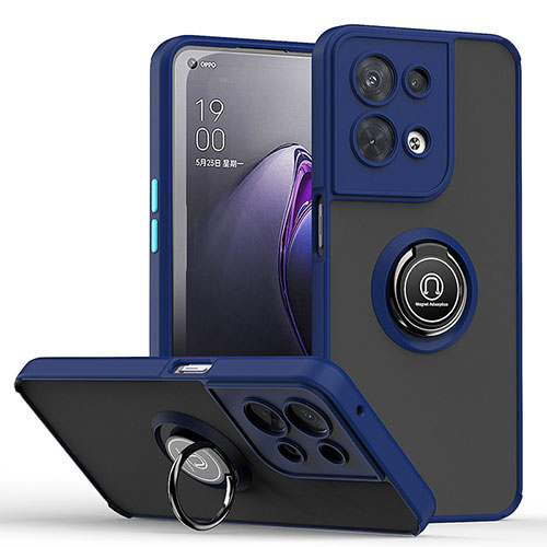 Silicone Matte Finish and Plastic Back Cover Case with Magnetic Finger Ring Stand QW2 for Oppo Reno8 Pro+ Plus 5G Blue