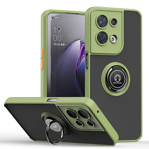 Silicone Matte Finish and Plastic Back Cover Case with Magnetic Finger Ring Stand QW2 for Oppo Reno9 Pro 5G Army green