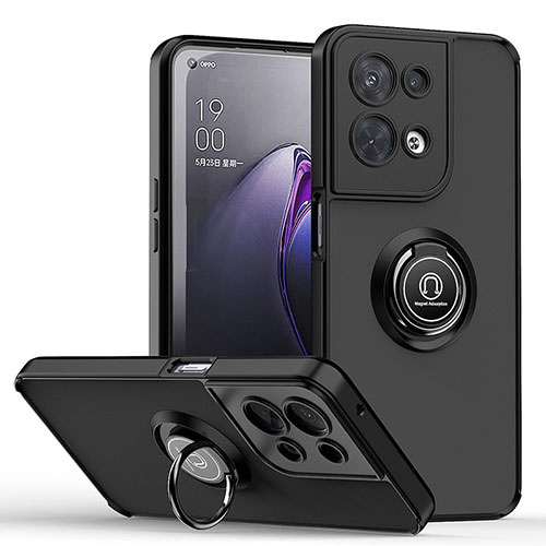 Silicone Matte Finish and Plastic Back Cover Case with Magnetic Finger Ring Stand QW2 for Oppo Reno9 Pro 5G Black