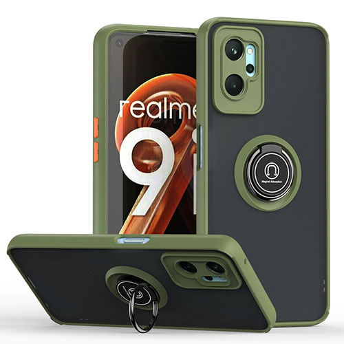 Silicone Matte Finish and Plastic Back Cover Case with Magnetic Finger Ring Stand QW2 for Realme 9i 4G Army green