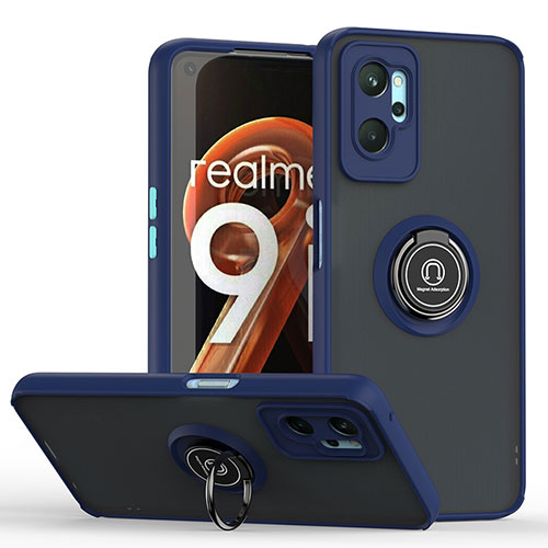 Silicone Matte Finish and Plastic Back Cover Case with Magnetic Finger Ring Stand QW2 for Realme 9i 4G Blue
