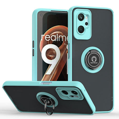 Silicone Matte Finish and Plastic Back Cover Case with Magnetic Finger Ring Stand QW2 for Realme 9i 4G Cyan