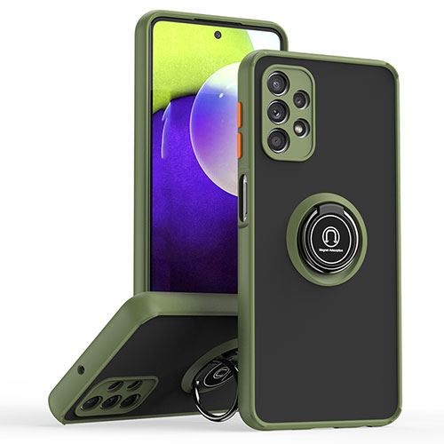 Silicone Matte Finish and Plastic Back Cover Case with Magnetic Finger Ring Stand QW2 for Samsung Galaxy M32 5G Army green