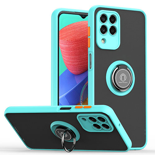 Silicone Matte Finish and Plastic Back Cover Case with Magnetic Finger Ring Stand QW2 for Samsung Galaxy M33 5G Cyan
