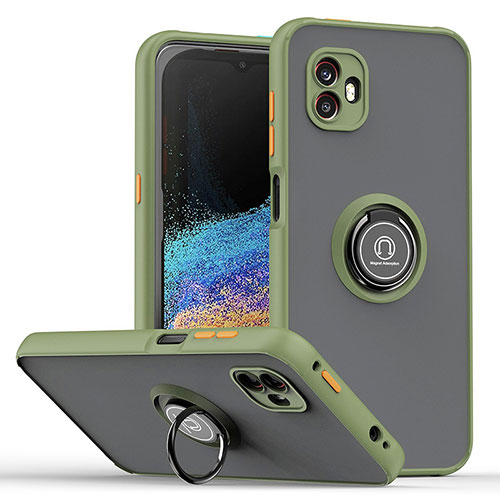 Silicone Matte Finish and Plastic Back Cover Case with Magnetic Finger Ring Stand QW2 for Samsung Galaxy XCover 6 Pro 5G Army green