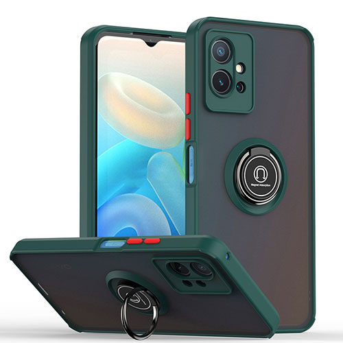 Silicone Matte Finish and Plastic Back Cover Case with Magnetic Finger Ring Stand QW2 for Vivo T1 5G India Midnight Green