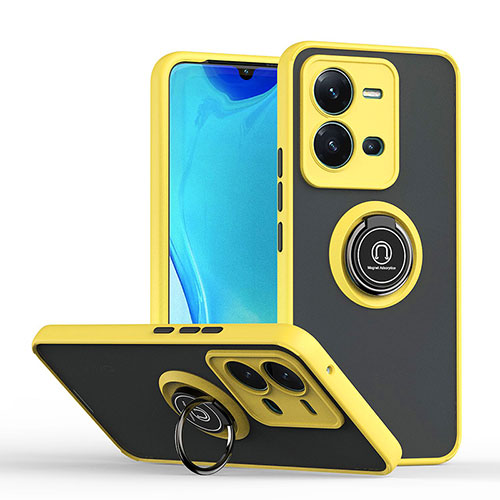 Silicone Matte Finish and Plastic Back Cover Case with Magnetic Finger Ring Stand QW2 for Vivo V25 5G Yellow
