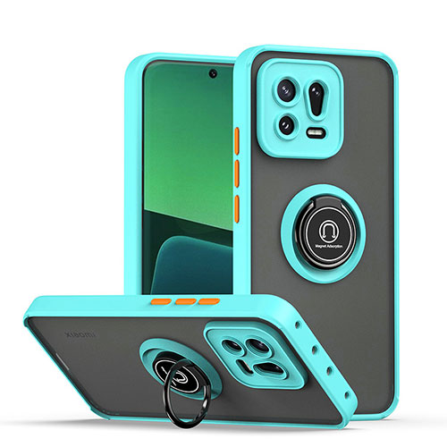 Silicone Matte Finish and Plastic Back Cover Case with Magnetic Finger Ring Stand QW2 for Xiaomi Mi 13 5G Cyan