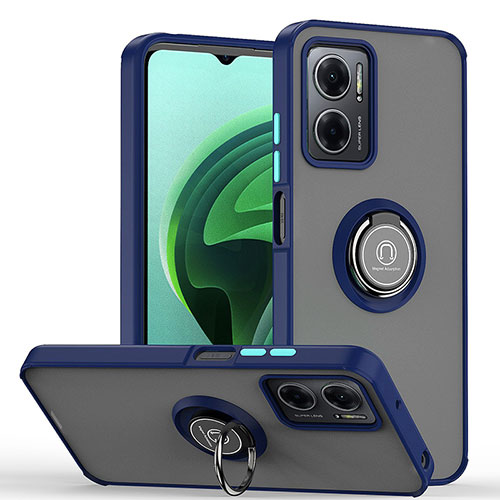 Silicone Matte Finish and Plastic Back Cover Case with Magnetic Finger Ring Stand QW2 for Xiaomi Redmi Note 11E 5G Blue