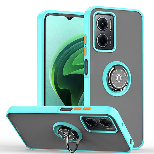 Silicone Matte Finish and Plastic Back Cover Case with Magnetic Finger Ring Stand QW2 for Xiaomi Redmi Note 11E 5G Cyan