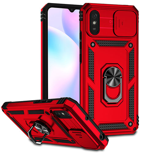 Silicone Matte Finish and Plastic Back Cover Case with Magnetic Finger Ring Stand QW3 for Xiaomi Redmi 9AT Red