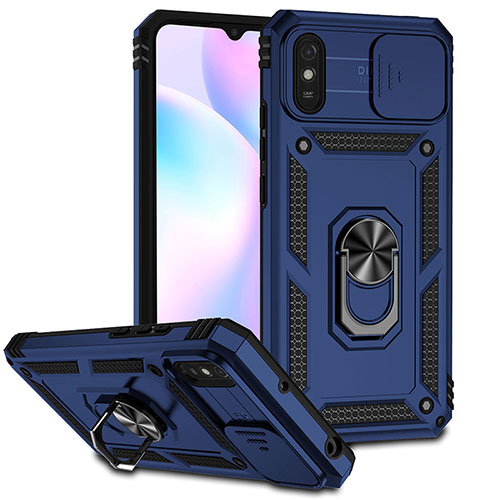 Silicone Matte Finish and Plastic Back Cover Case with Magnetic Finger Ring Stand QW3 for Xiaomi Redmi 9i Blue