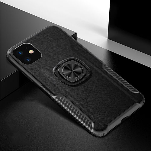 Silicone Matte Finish and Plastic Back Cover Case with Magnetic Finger Ring Stand R01 for Apple iPhone 11 Black