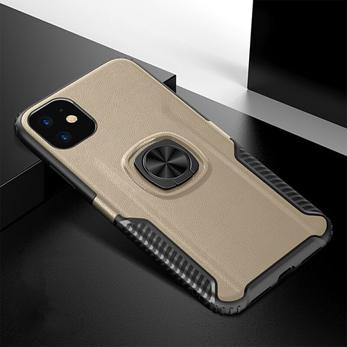 Silicone Matte Finish and Plastic Back Cover Case with Magnetic Finger Ring Stand R01 for Apple iPhone 11 Gold