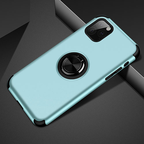 Silicone Matte Finish and Plastic Back Cover Case with Magnetic Finger Ring Stand R01 for Apple iPhone 11 Pro Cyan