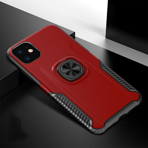 Silicone Matte Finish and Plastic Back Cover Case with Magnetic Finger Ring Stand R01 for Apple iPhone 11 Red