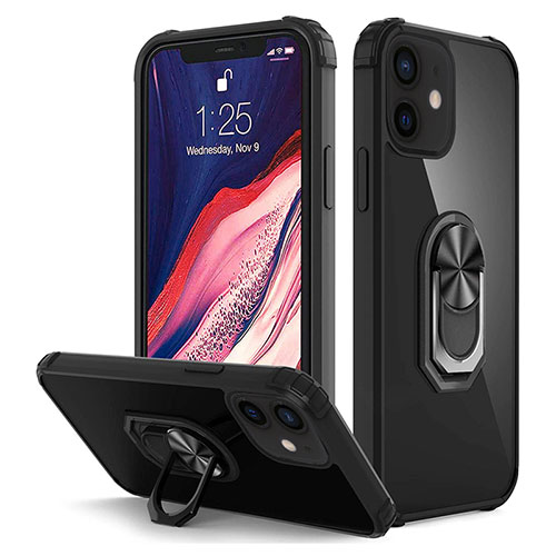 Silicone Matte Finish and Plastic Back Cover Case with Magnetic Finger Ring Stand R01 for Apple iPhone 12 Mini Black